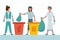 People sort the garbage. Flat cartoon Stacking garbage in trash cans, dumpsters or barrels. A set of happy women practicing