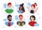 People speaking flat vector illustration set, cartoon circle portrait of diverse happy characters speak and communicate