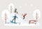 People spending time in winter urban park vector flat illustration. Men and women skiing and snowboarding.