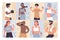 People at sports training workout set, cartoon active sportsman athlete doing exercises