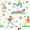 People in sportswear doing exercises cartoon characters. Healthy lifestyle  color drawing pack. Sports, fitness, seamless