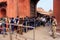 People standing in line to get inside Taj Mahal complex in Agra, Uttar Pradesh, India