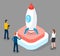 People standing near 3d isometric rocket, work team start new business project, startup, plan