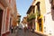 People in street of Walled City in Cartagena, Colombia. Historic center, the