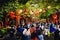 People on the streets of hoian in the historic center with trees and traditional lantern lamps above. Hoi An, Vietnam - 28/01/