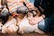 People stroking Young English Bulldog Dog