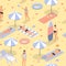 People sunbathe and play beach isometric seamless pattern. Woman in striped gray swimsuit walks with surfboard.