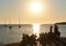 People during the sunset on the Calo des Moro in Ibiza. Spain