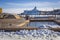 People swimming in pool in cold winter day at spa complex in Helsinki, Finland.