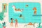 People swimming pool. Persons relaxing summer pool swim diving jump sunbathing loungers party resort colorful flat