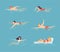 People swimming in water set. Men and women swimming and relaxing in pool, sea at summer vacation flat vector