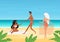 People in swimsuits on date, sunbathe and rest on summer sea tropical beach, dating