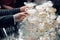 People take the glasses of champagne pyramid. close-up