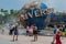 People taking photos next to Universal sphere at Universal Studios area 2