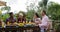 People Talking Sitting At Table Outdoors Eating On Terrace Young Friends Group Happy Smiling, Man Taking Photo On Cell