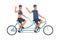 People on tandem bike. Happy male and female character ride on twin bicycle and waving hand, couple healthy lifestyle