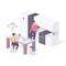 People testing smart home capabilities isometric illustration. Female and male characters in kitchen turn on check work.