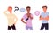 People think set, confused young guy characters standing and thinking with question mark