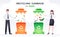 People throw garbage in a container. Segregation and recycling. Bins for garbage and trash. Sorting different types of waste.