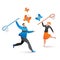 People together character male and female running hold butterfly net catch creative idea cartoon  illustration