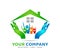 People together with home holding hands icon family union, love care in hands logo