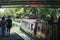 People and tour boat passing under the bridge on Regents Canal in Little Venice, London, UK