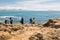 People tourists admiring the beauty of atlantic ocean coastline in biarritz, basque country, france