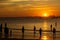 People, tourists enjoy a gorgeous sunset on a tropical beach. Silhouettes of people are all watching the sun. Golden tones. The