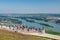 People tourists on view platform Niederwald hill overview river Rhine Gorge Valley