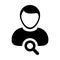 People tracking icon vector male user person profile avatar with magnifying glass symbol in flat color glyph pictogram