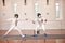 People, training with sword and fight in fencing competition, duel or combat with martial arts fighter and athlete with