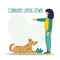 People training their pet dog set. The pet executes the command to lie down. The training process. Editable vector
