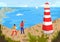 People travel to coastal sea beach landscape vector illustration, cartoon flat characters enjoy natural seascape with