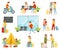 People Travelers Hiking with Backpacks and Waiting for Their Flight in the Airport Vector Illustrations Set