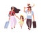 People are traveling with children and luggage. Asian couple with son and daughter on vacation. Family with boy and girl