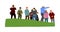 People traveling and having a rest. Group of tourist on the top of the hill vector illustration isolated. Hikers active