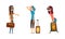 People Traveling and Hitchhiking Set, Male and Female Tourist Characters with Luggage Cartoon Vector Illustration