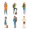 People traveling on vacation set. Male and female characters hiking and having trip cartoon vector illustration