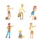 People Travelling by Hitchhiking or Autostop Thumbing Standing on the Road Vector Set