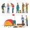 People Travelling on Nature Set, Tourists Camping near Bonfire, Hiking and Fishing, Summer Adventure Trip Cartoon Style