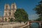 People, tree-lined Seine River and gothic Notre-Dame Cathedral at Paris.