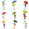 People with umbrellas. Smiling man and woman walking under umbrella colorful characters vector Illustrations isolated on