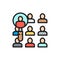People under a magnifying glass, candidate search flat color line icon.