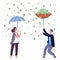 People under money rain. Woman man holding umbrella, investment profit. Happy business person, rich vector characters