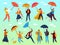 People under umbrellas in spring, walking outdoor in rainy spring day, man, woman in raincoat under rain clouds vector