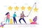 People use rope and raise star. Review banner concept, testimonials. Teamwork, people vote or rate. Clients feedback. Business