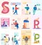 People in various common situations work and rest scenes set. Alphabet for kids with animals