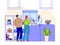 People in veterinary clinic, animal doctor examines dog, cartoon characters in flat style, vector illustration