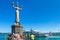 People visit the statue of Imperia in harbor of Konstanz. It is a famous landmark of city