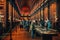 People visiting famous The Long Room in Old Library in Trinity College Dublin, Ireland.